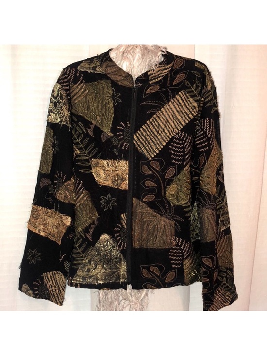 Chico's Jackets & Blazers - Chico’s L Black Green Gold Patchwork Embroidered Light Full Zip Jacket